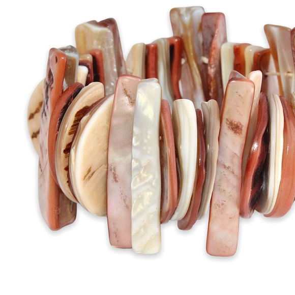 Vintage Mother of Pearl Stretch Bracelet Brown & Cream Large Wide Shell Slices - Picture 3 of 4